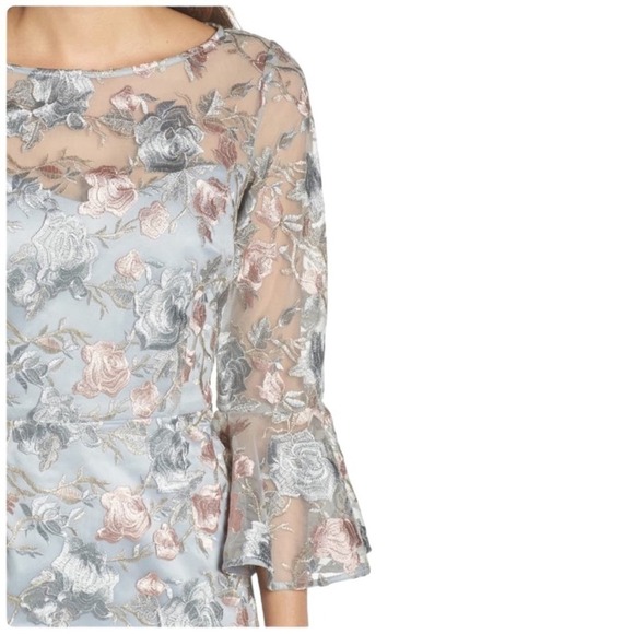 Eliza J Floral Embroidered Sheath Dress 2 Gray Pink  Bell Sleeves Floral Womens - Picture 5 of 13